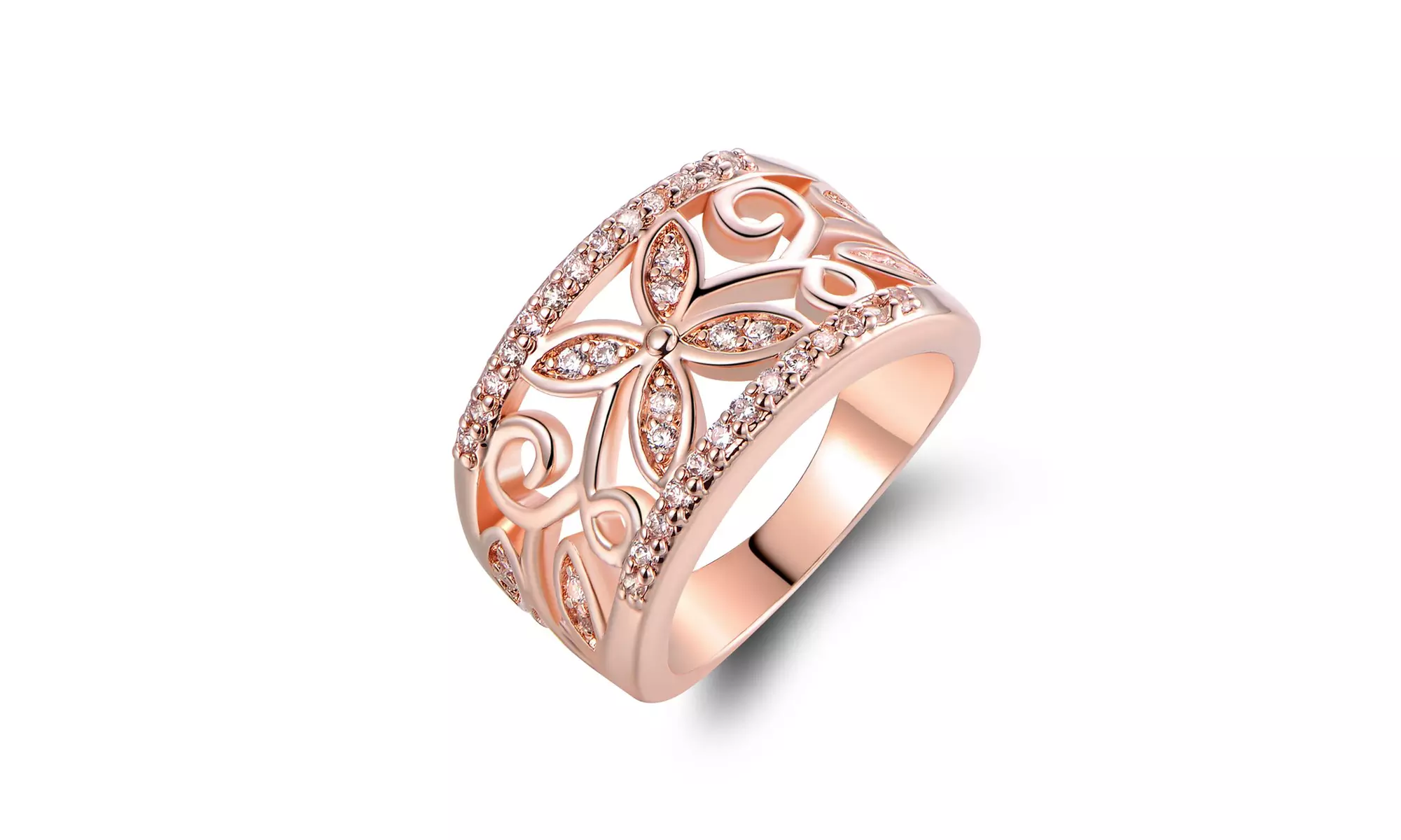 18K Rose Gold Ring with Preciosa Crystals Floral-Motif Eternity Band - Second Medium