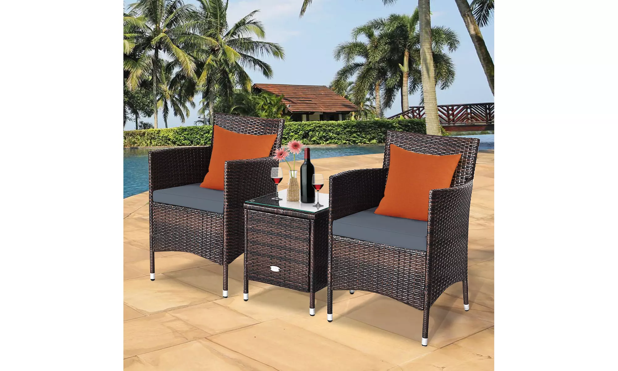 Costway Outdoor 3 PCS PE Rattan Wicker Furniture Sets Chairs Coffee Table Garden