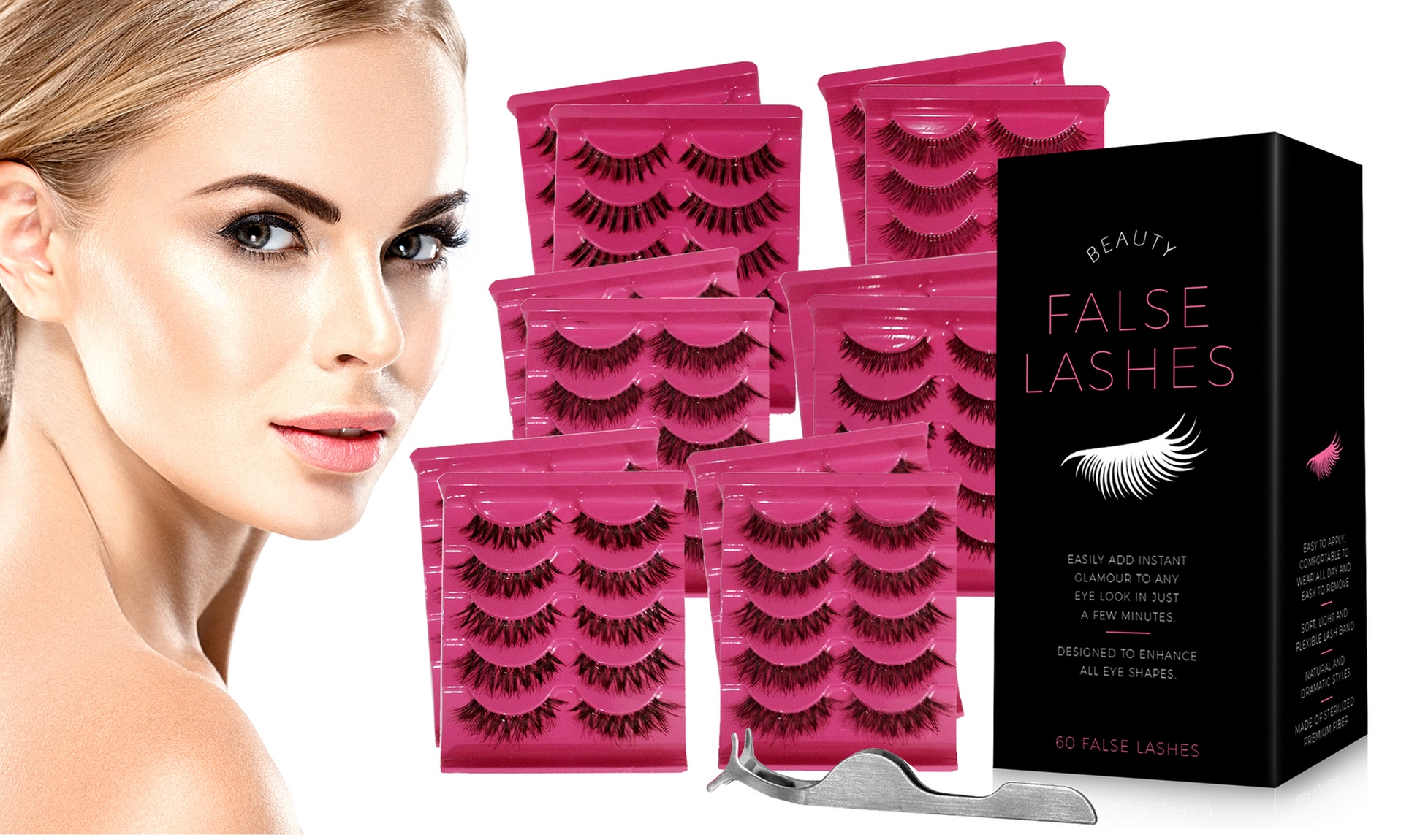 Ultimate Natural and Beautiful False Eyelashes Pack with Tweezers - 60 Pairs