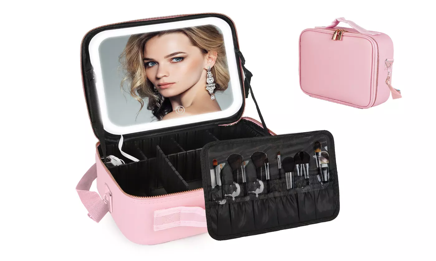 N'POLAR Travel Makeup Bag with Adjustable Dividers, LED Mirror and Brush Holder
