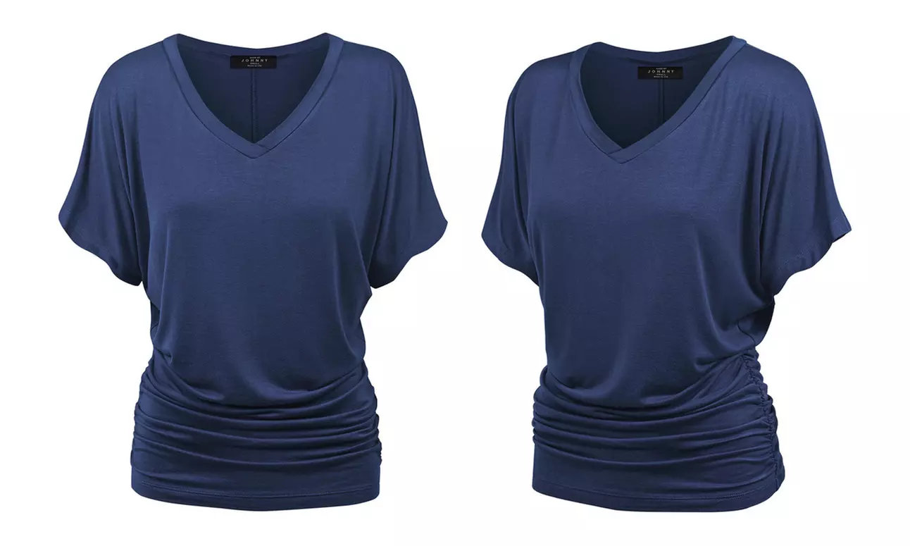 Made by Johnny Womens Solid Short Sleeve V-Neck Dolman Top with Side Shirring