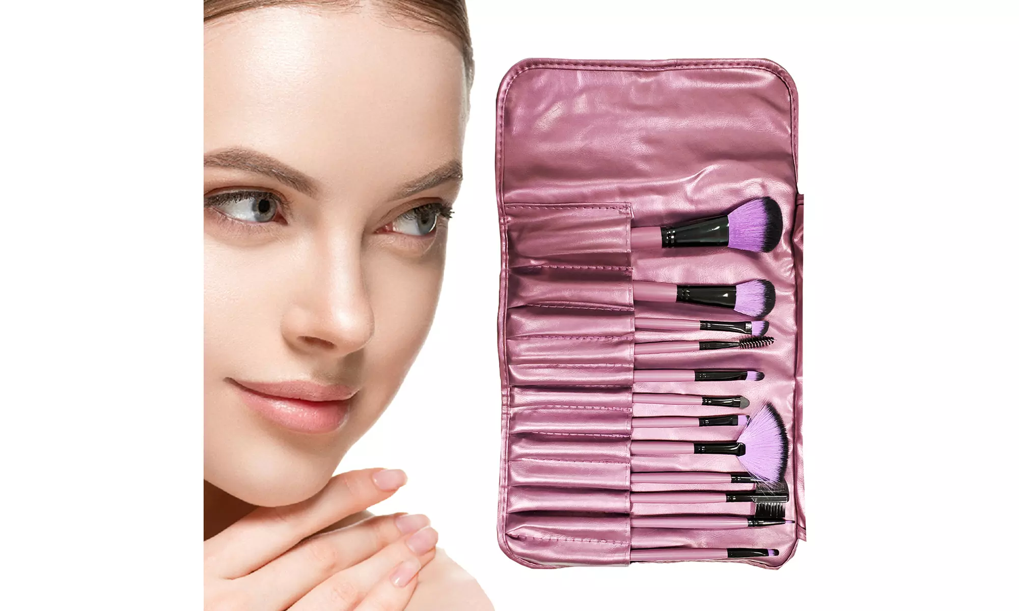 Elegant 12 Piece Makeup Brushes Set with Soft Purple Foldable Organizer - Primary Image