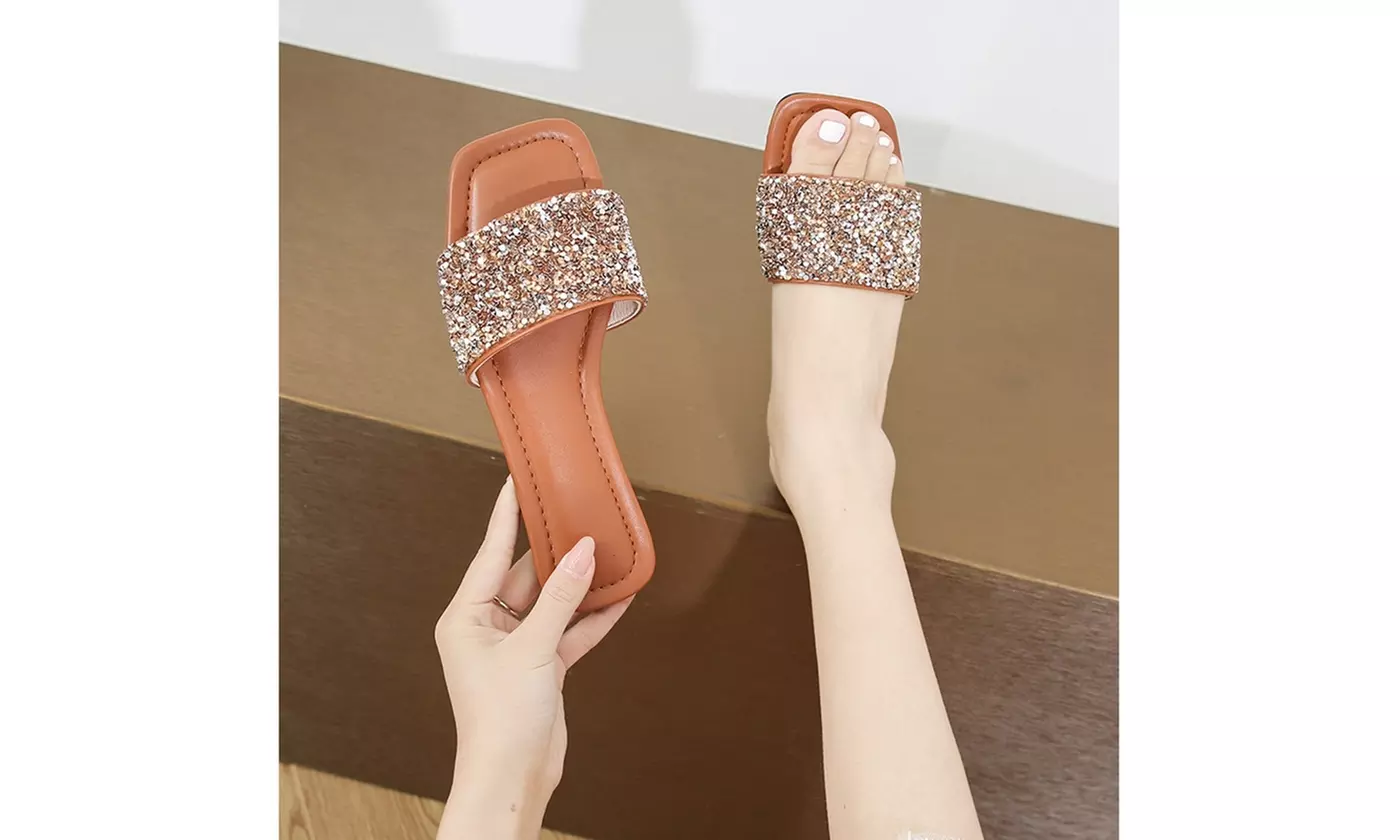 Women's Sparkly Flat Open Toe Slides 