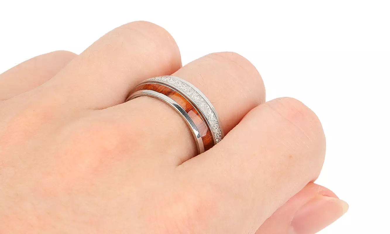 Silver Whiskey Barrel Ring Wooden Meteorite Wedding Engagement Band Ring