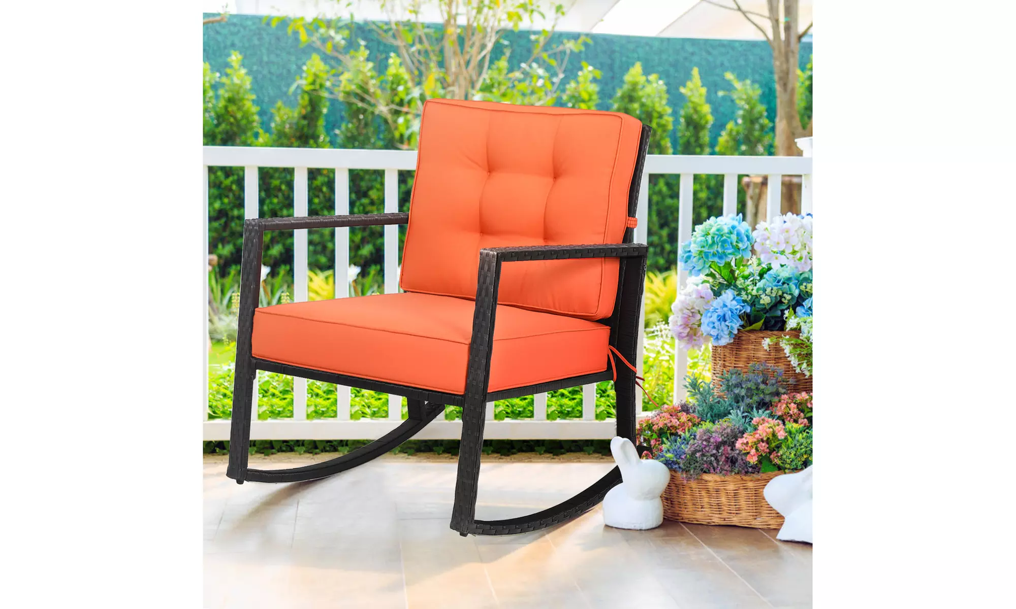 Costway Patio Rattan Rocker Chair Outdoor Glider Wicker Rocking Chair Cushion