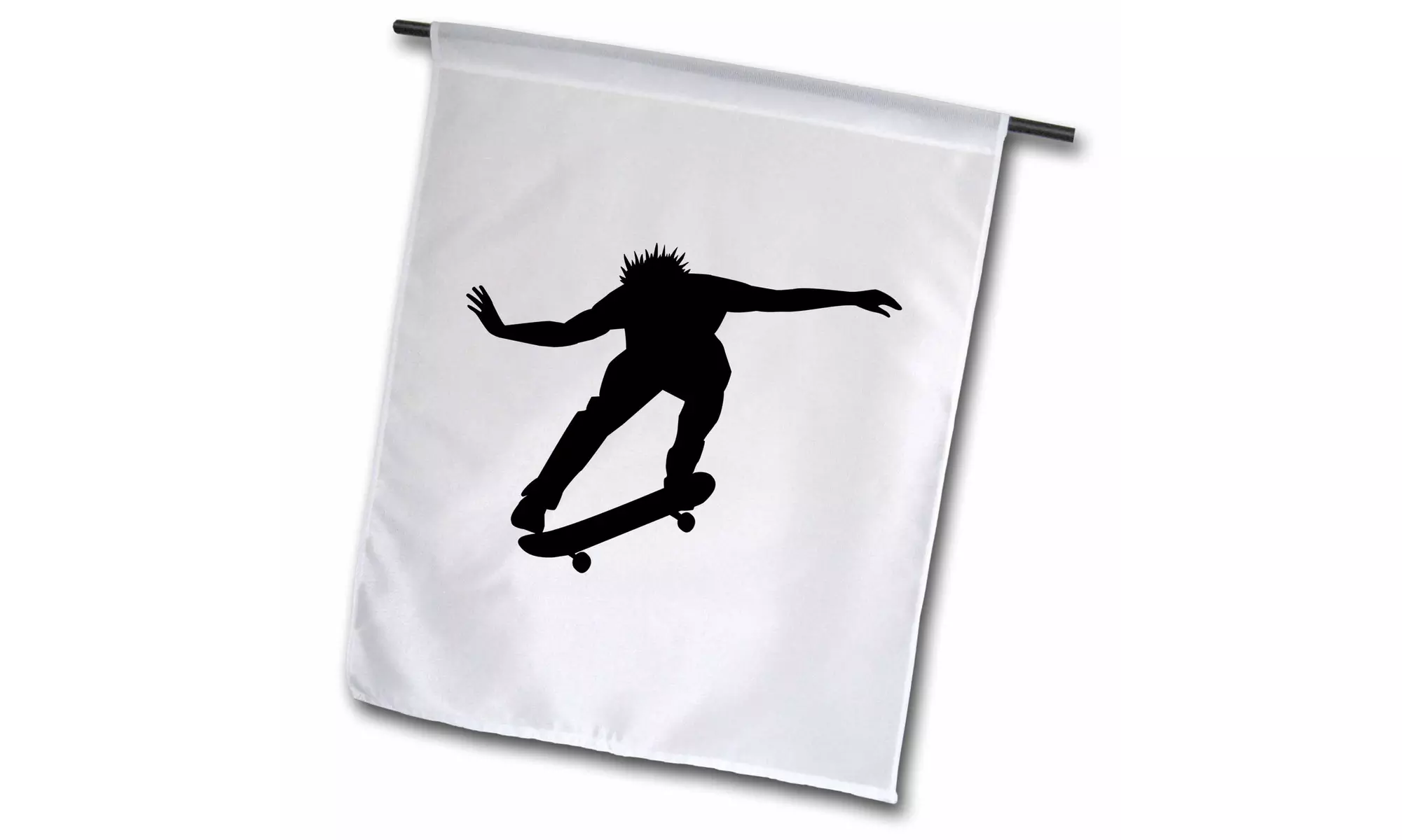 Garden Flag Black & white graphic image of a skateboarder performing a kickflip - Primary Image