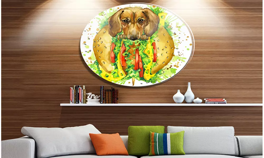 Funny Dog inside Sandwich' Disc Contemporary Animal Metal Circle Wall Decor - Primary Image