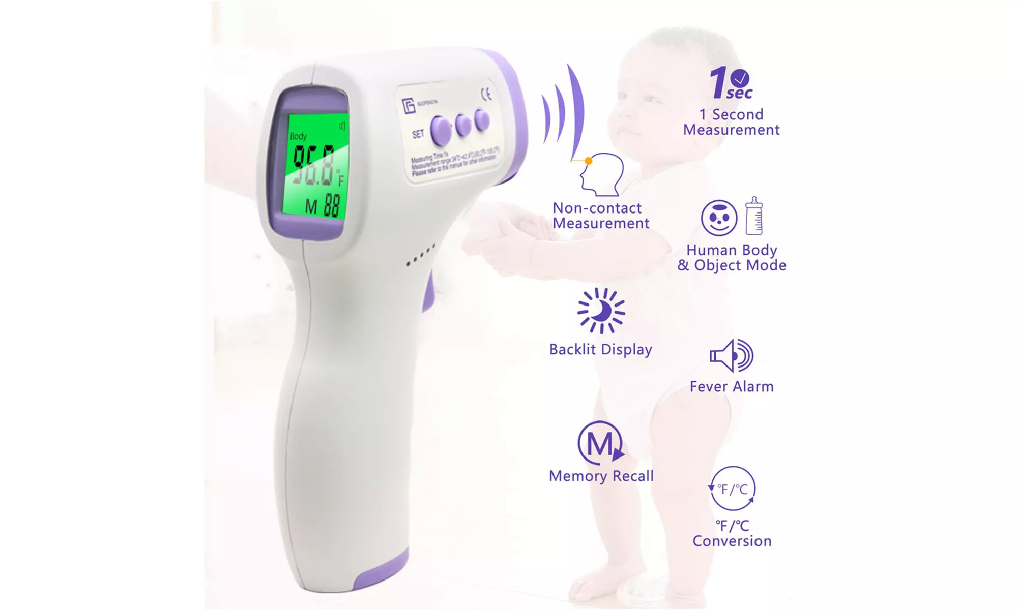 Forehead Infrared Thermometer LCD Screen Digital Non-Contact for Adult & Baby