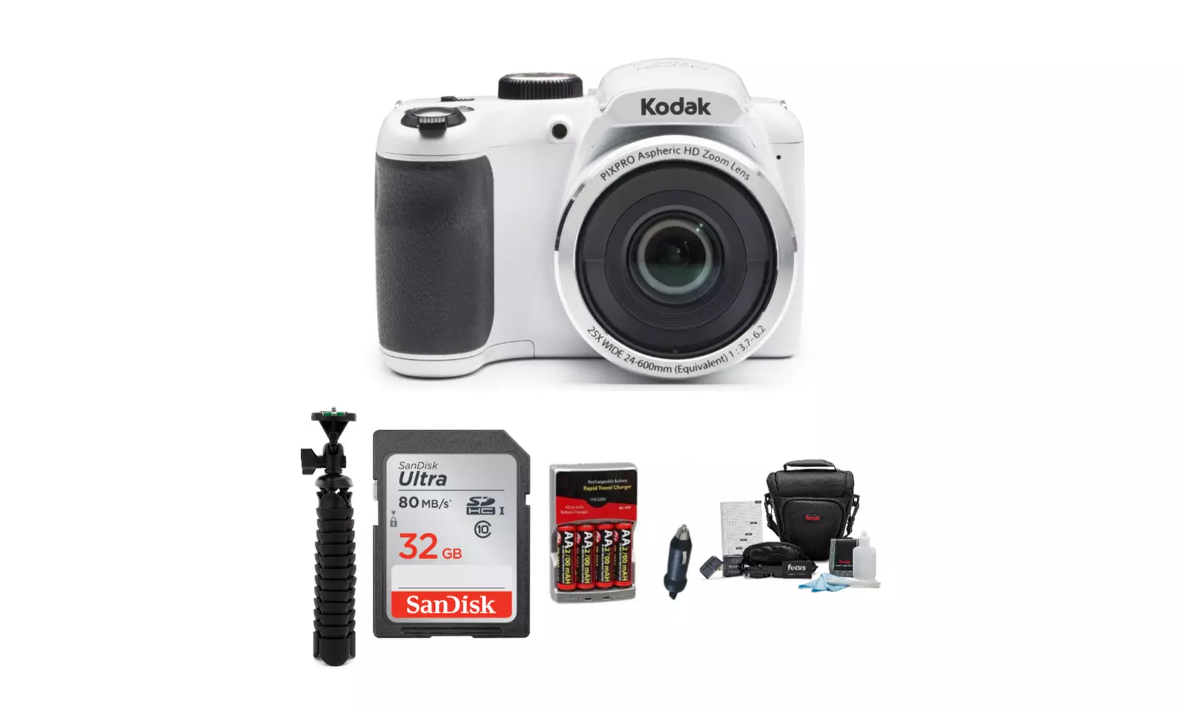 Kodak PIXPRO AZ252 Digital Camera (White) with 32GB SD Card and Tripod Bundle - Primary Image