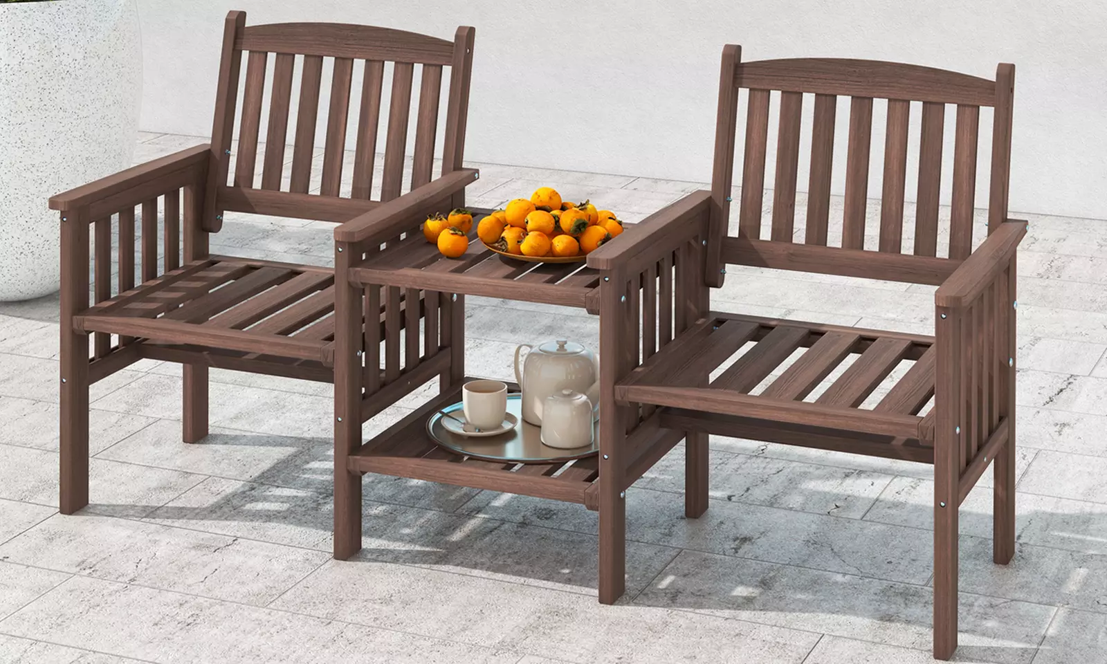 Costway Outdoor Fir Wood Loveseat with 2-Tier Side Table and 1.96" Umbrella Hole