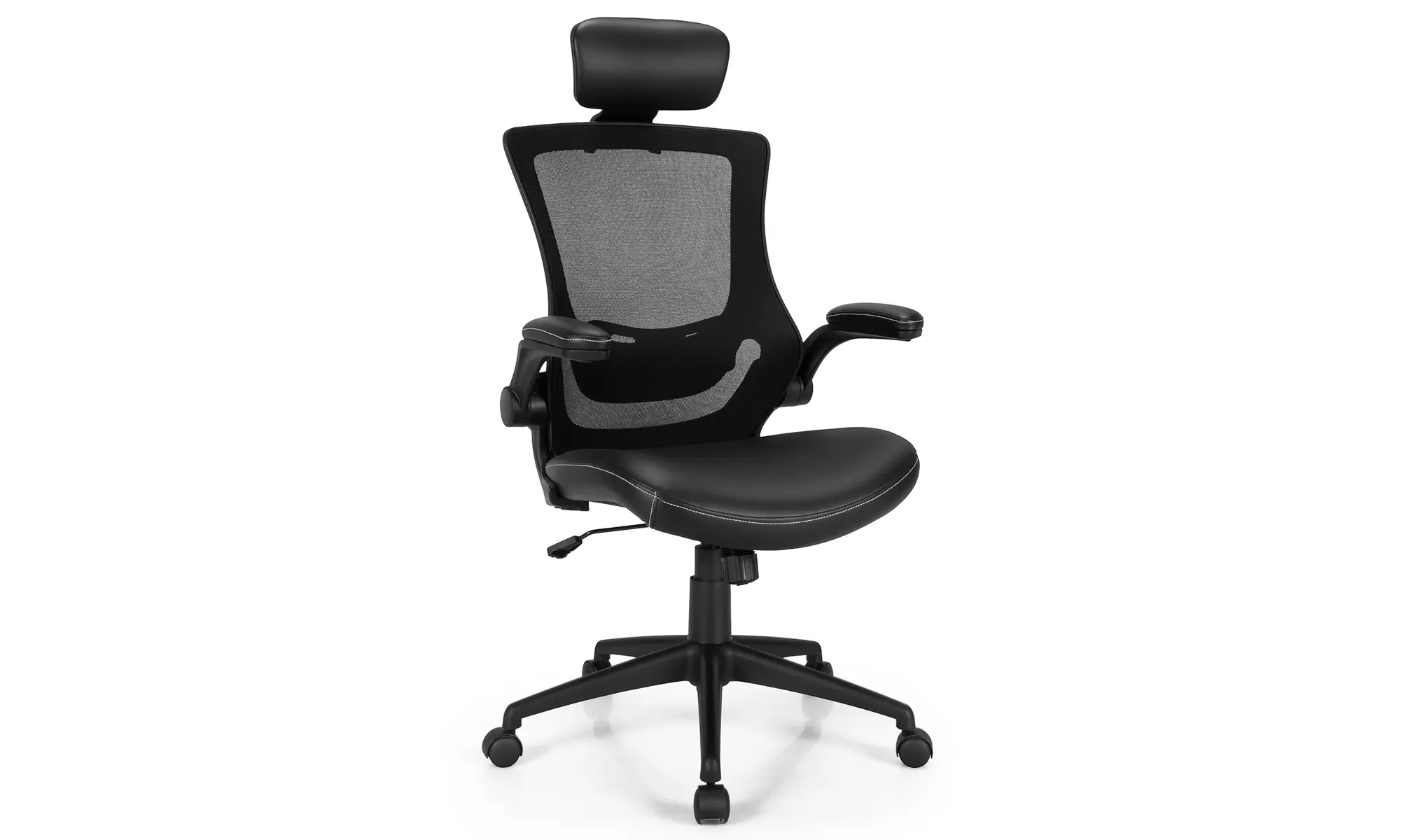 Costway Mesh Back Adjustable Swivel Office Chair w/ Flip up Arms Leather Seat - Primary Image