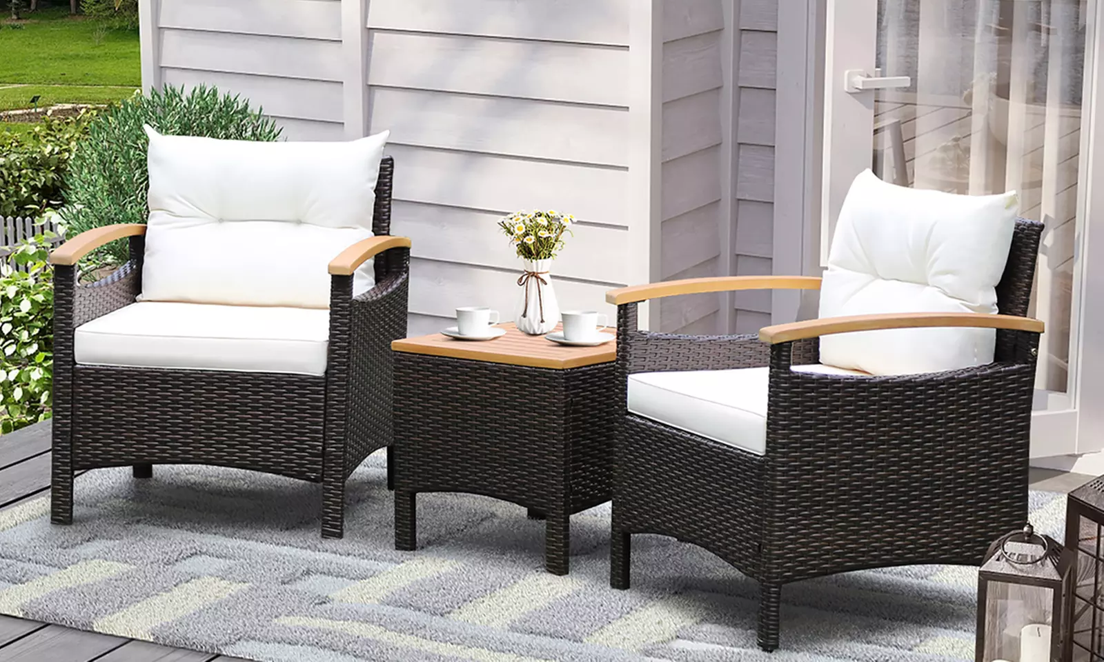 Three-Piece Costway Patio Rattan Wooden Furniture Set  - Primary Image