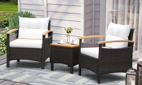 Three-Piece Costway Patio Rattan Wooden Furniture Set Off-white