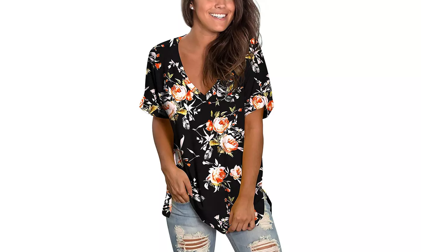 Womens Summer  Floral Printed V Neck Tunic Shirts 