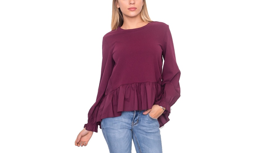 Image 6: Contrast Woven Ruffle Sleeve Round Neck Top
