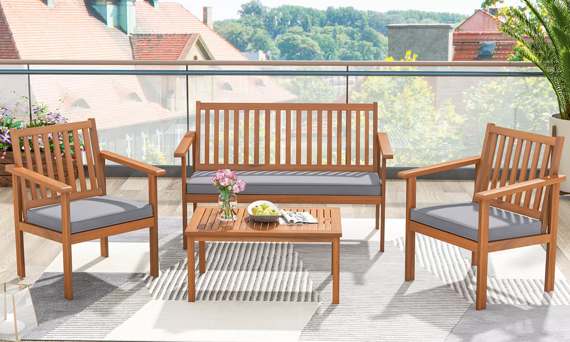 Costway 4 PCS Patio Wood Furniture Set with Loveseat, 2 Chairs & Coffee Table