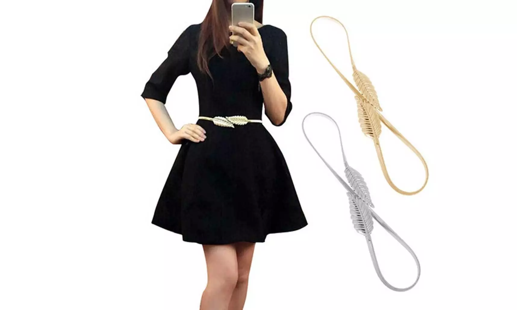 Women Belt Gold Silver LEAF Elastic Metal Stretch High Waist Dress Cummerbund - Primary Image