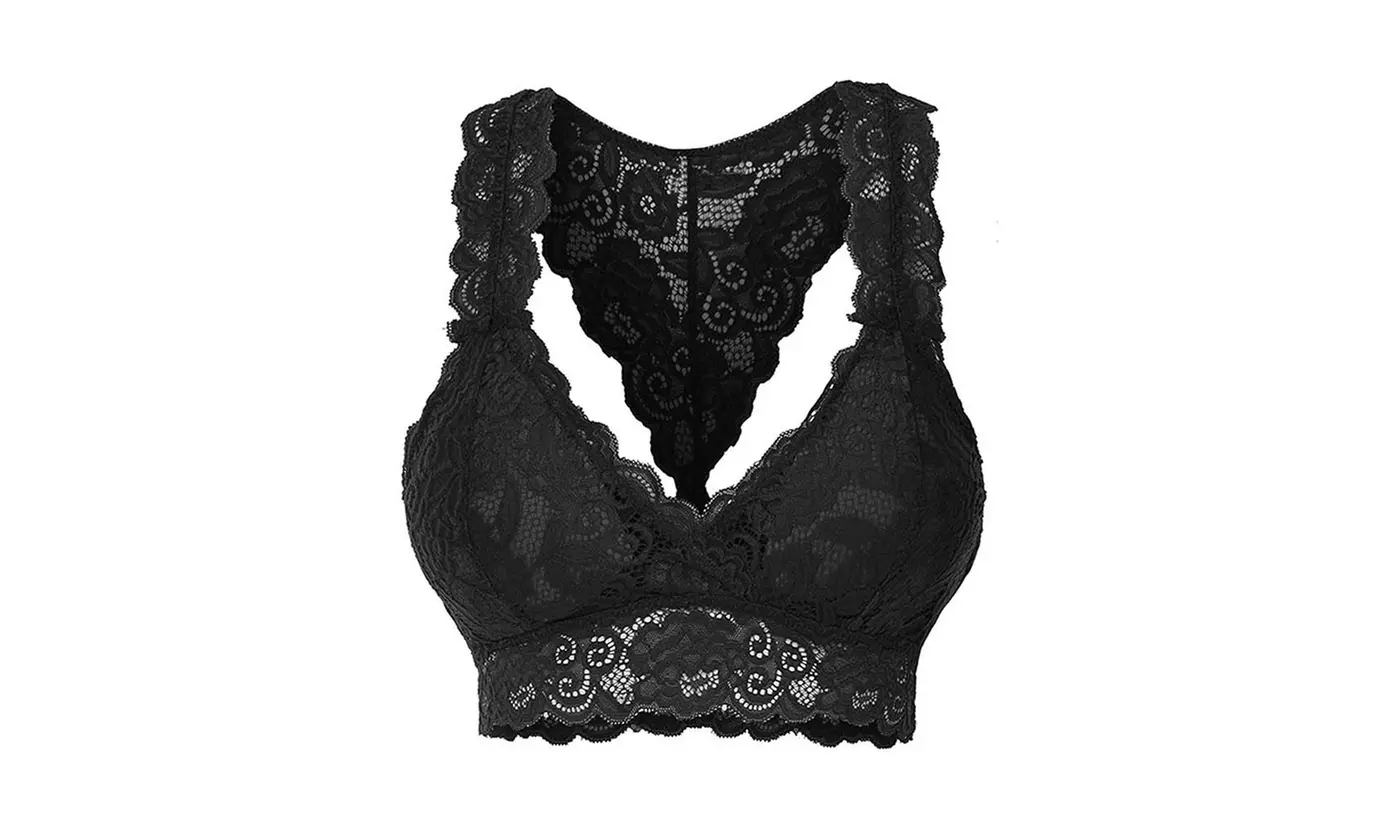 2Pack Women Sexy V-Neck Lace Bralette Padded Breathable Racerback Vest Crop Bra