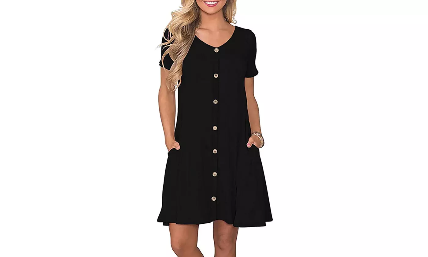 LESIES Women's Summer Casual Tunic Dresses Button Down Swing Dress with Pockets
