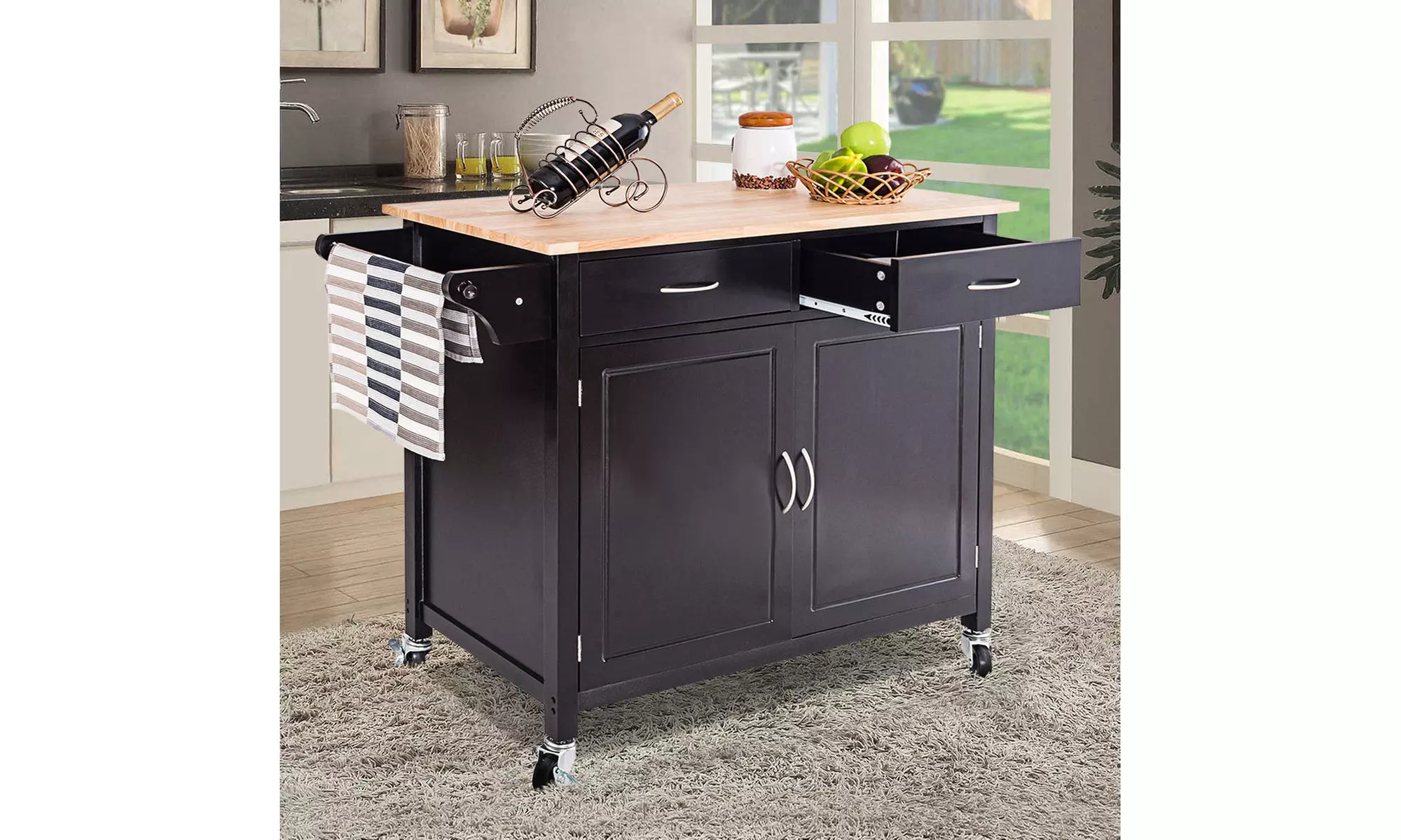 Rolling Kitchen Cart Island Wood Top Storage Trolley Cabinet Utility Modern