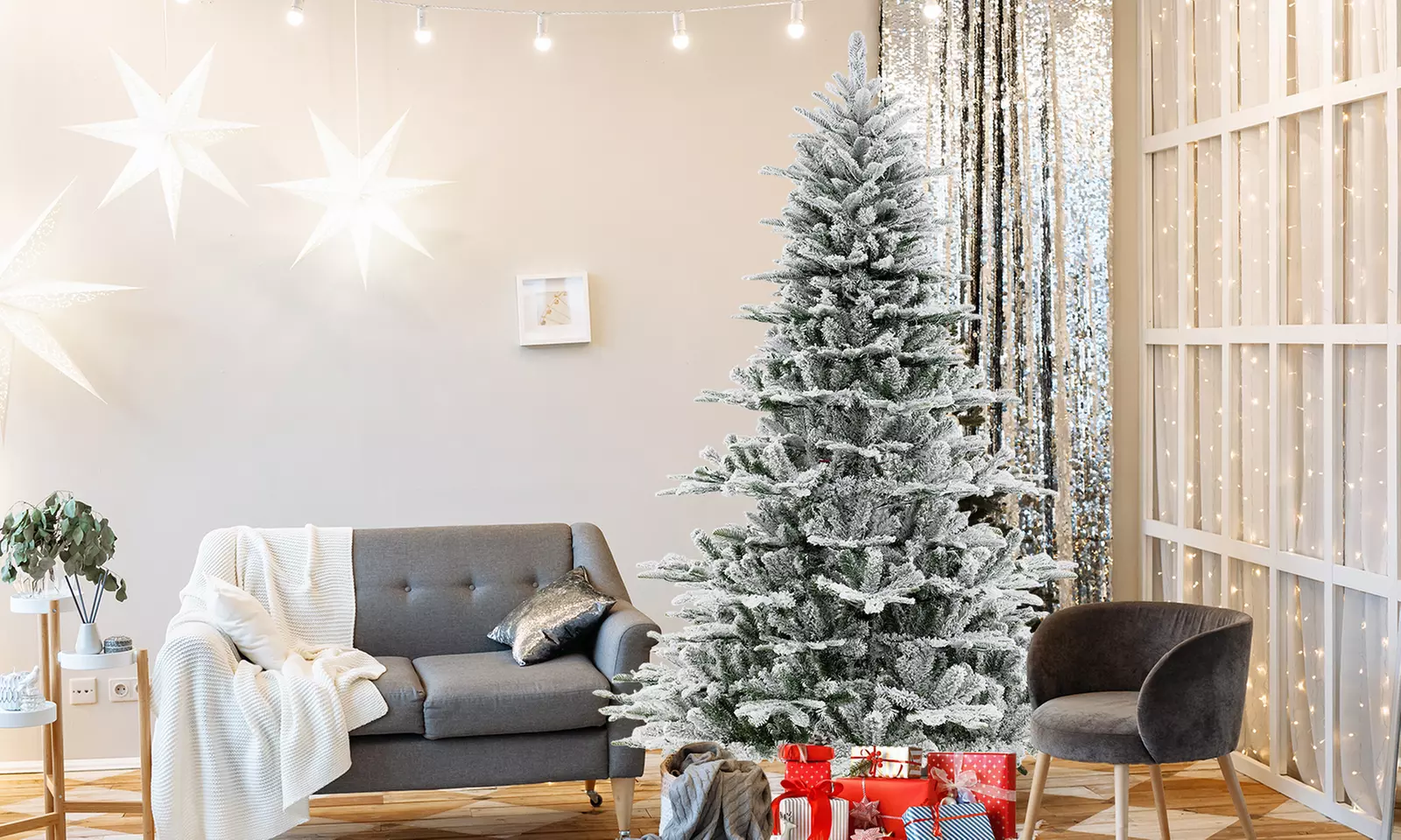 Costway Snow Flocked Artificial Christmas Tree with LED Lights and PVC/PE Tips