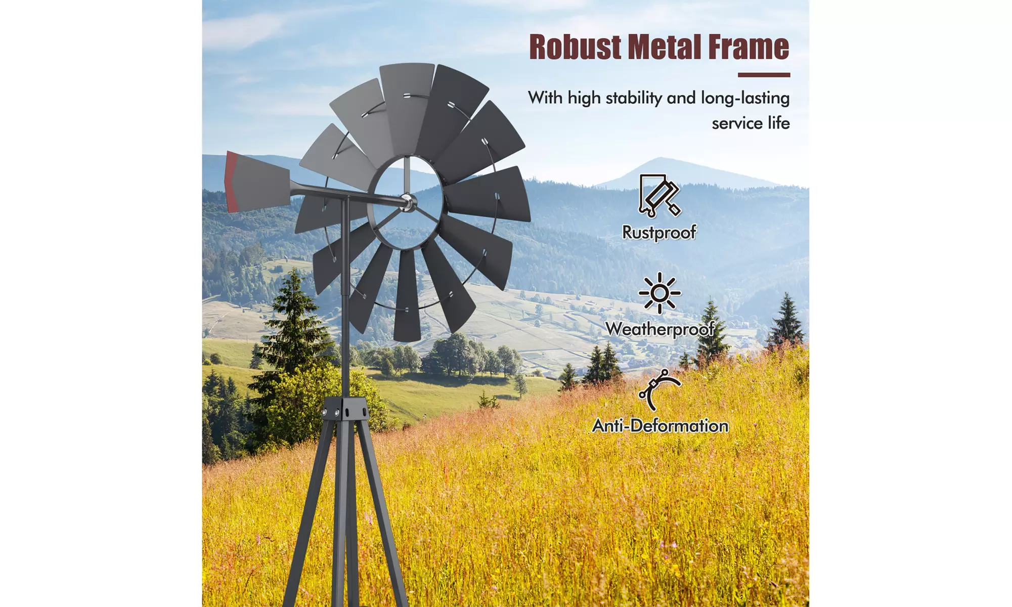 Costway 8Ft Tall Windmill Ornamental Wind Wheel Silver Garden Weather Vane