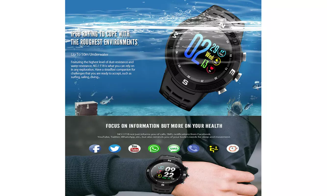 IP68 Waterproof NO.1 F18 GPS Sport Smart Watch Touch Screen For Android iOS - Second Medium