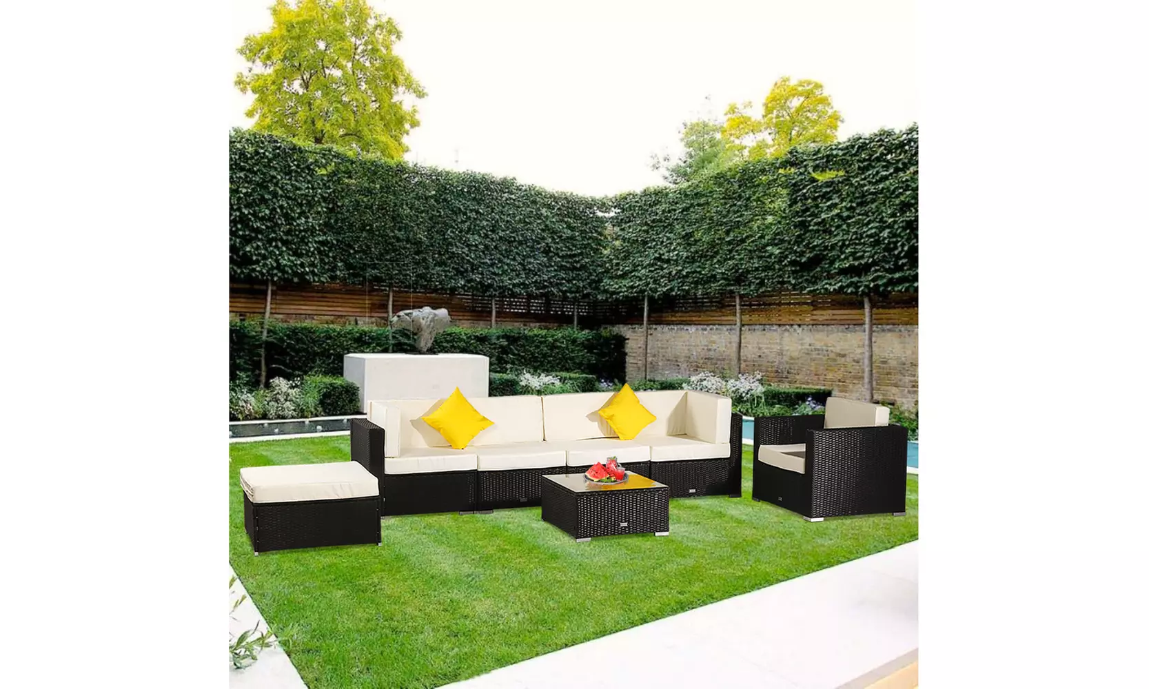7 Pc Rattan Patio Furniture Set Garden Sofa with Yellow Cushions - Second Medium