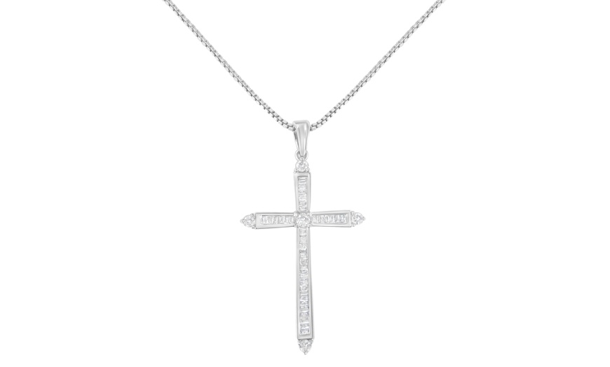 Image 1: 10K White Gold 3/8ct TDW Diamond Cross Pendant Necklace (H-I, I2-I3)