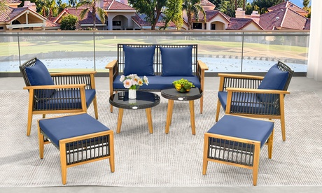 Costway 7 Piece Conversation Set Rattan Woven Chair Set With 2 Coffee Tables Navy