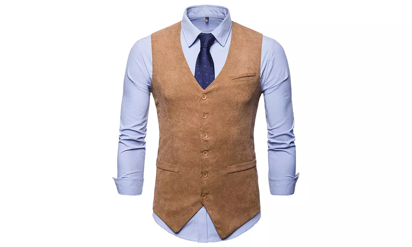 Men's Corduroy Suit Vest Casual Vest Jacket Slim Fit Vest Waistcoat - Primary Image