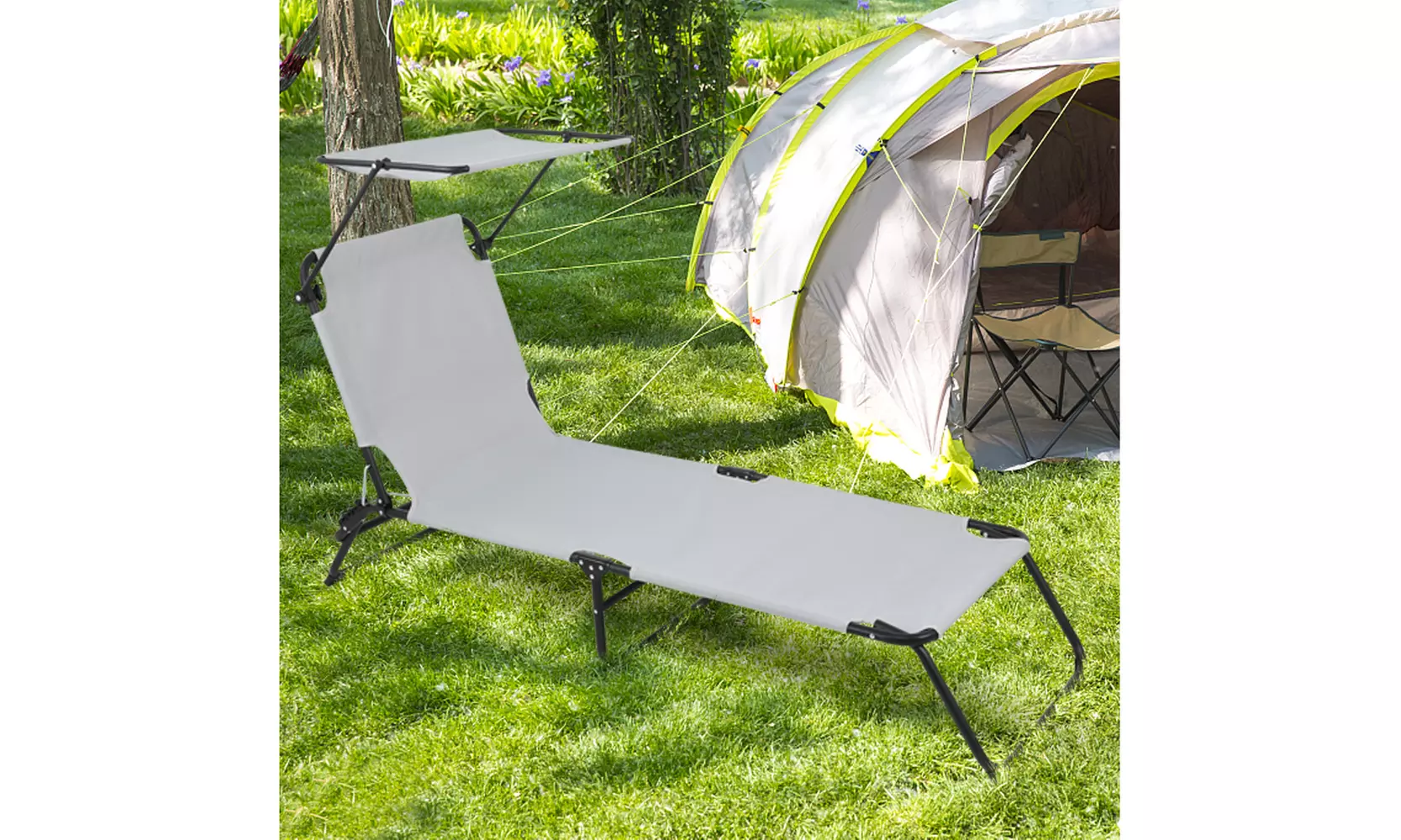 Outdoor Folding Three-Fold Camping Bed Gray With Head Canopy - Primary Image