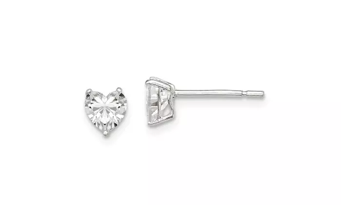 White Gold Plated 5mm Heart 3 Prong Cubic Zirconia Stud Earrings - Second Medium