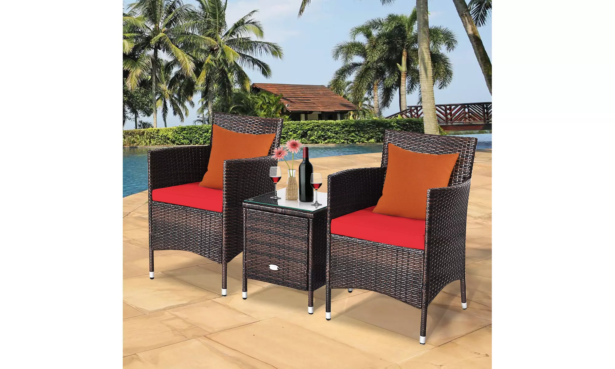 Costway Outdoor 3 PCS PE Rattan Wicker Furniture Sets Chairs Coffee Table Garden