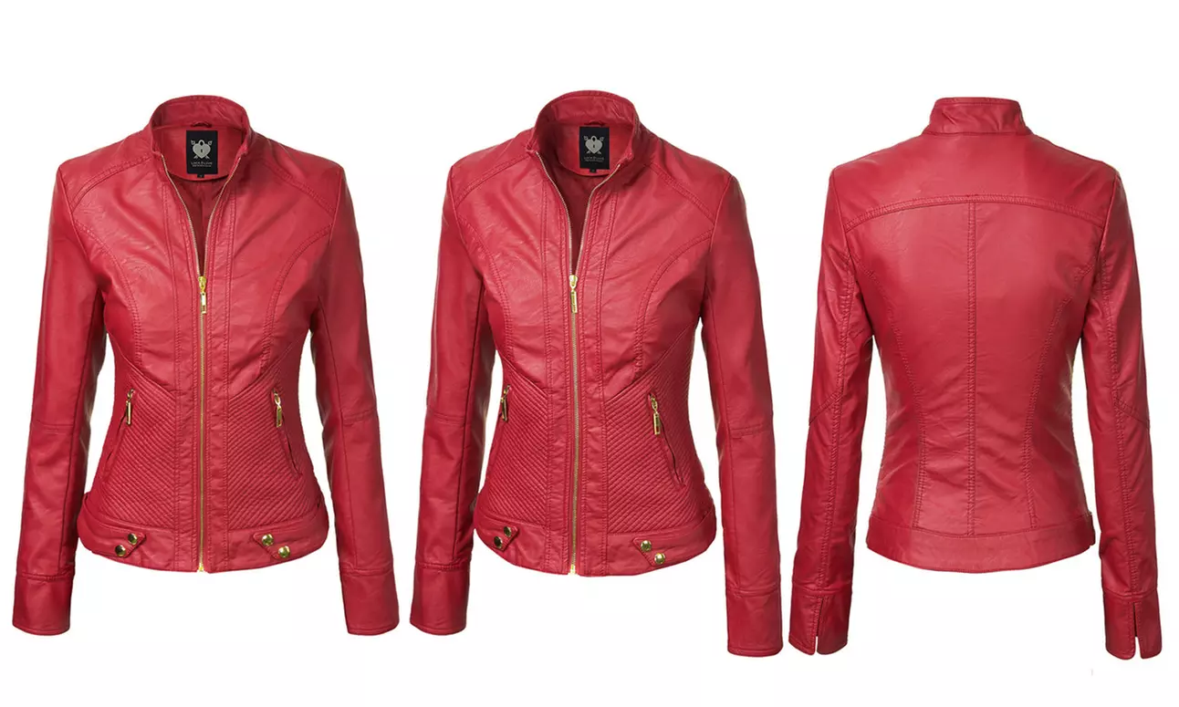Made By Johnny Womens Faux Leather Zip Up Moto Biker Jacket