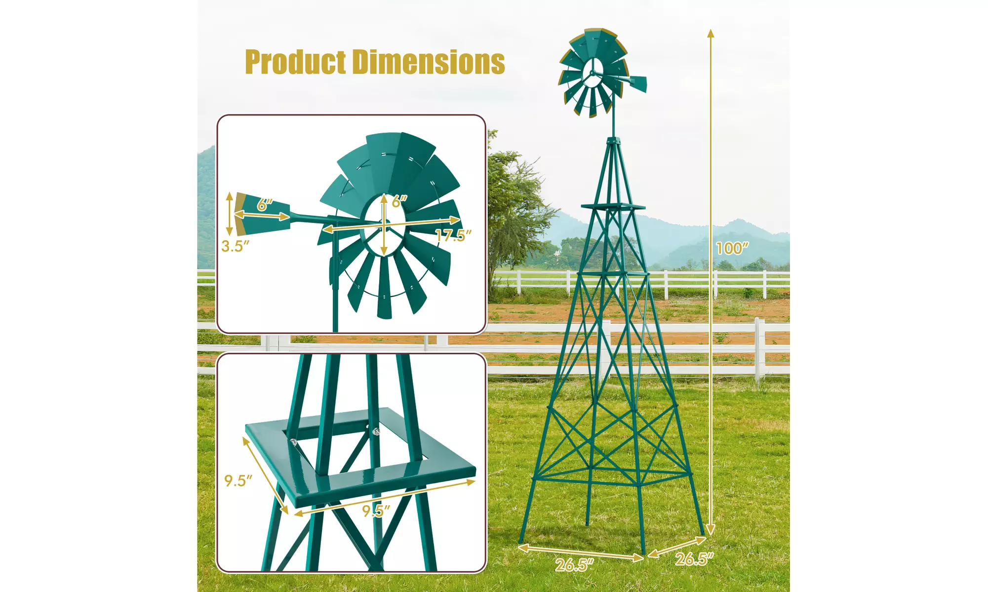 Costway 8Ft Tall Windmill Ornamental Wind Wheel Silver Garden Weather Vane