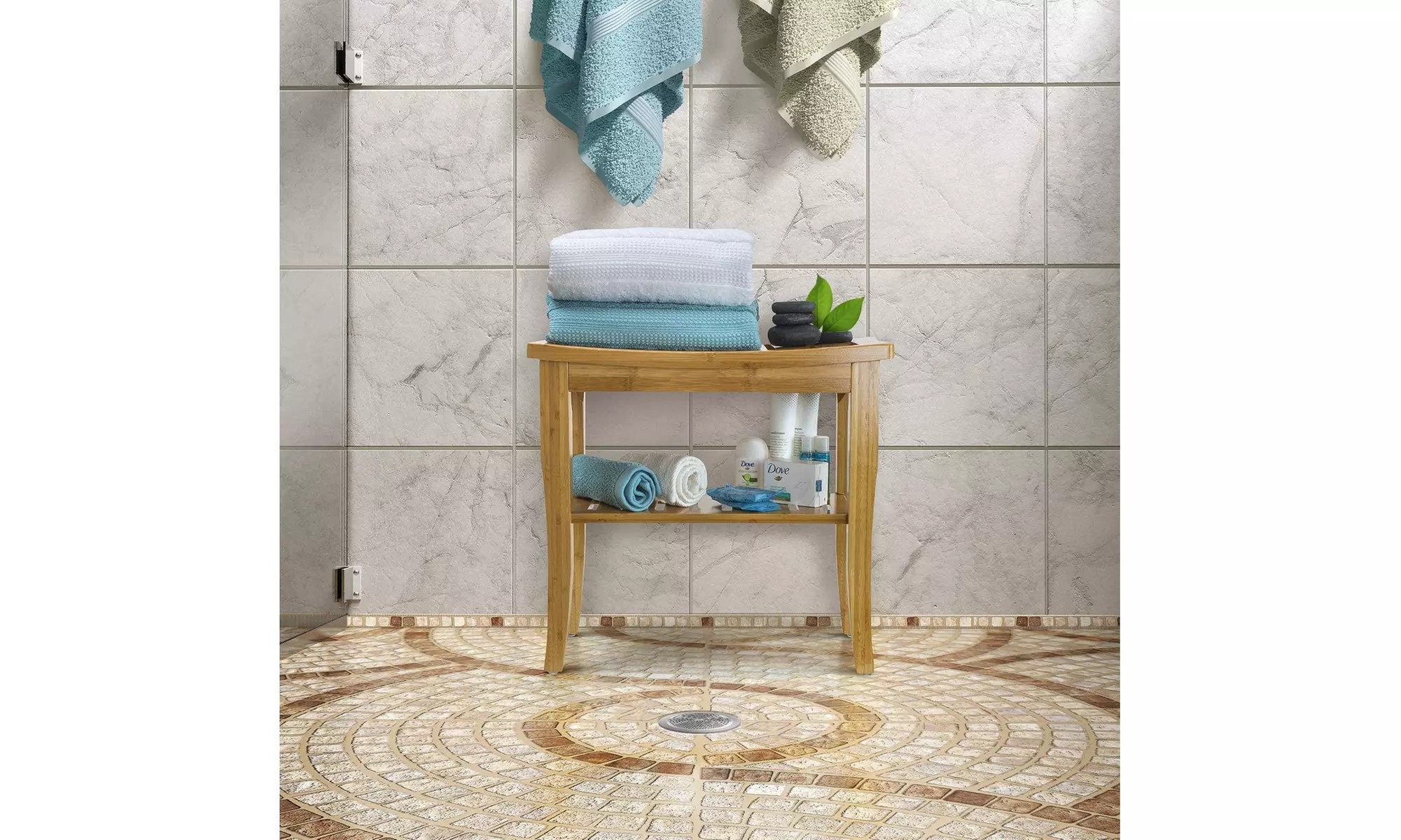 Bamboo Shower Bench Stool with Shelf, 2-Tier Wood Storage & Seating for Bathroom