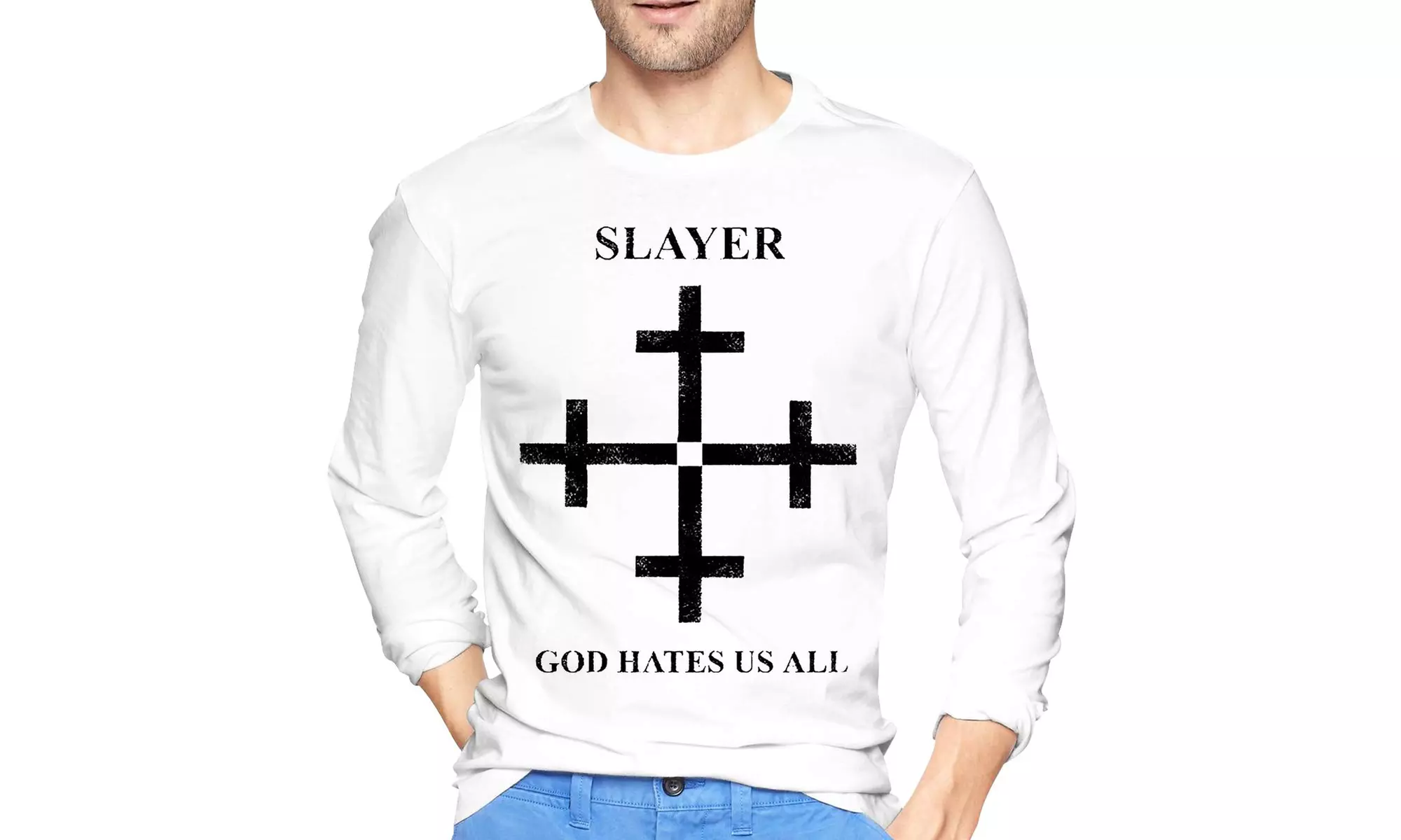 POOPEDD Slayer God Hates Us All Disciple Print Men's Long-Sleeve T-Shirt Gray - Primary Image