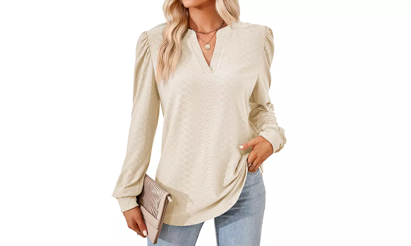 Women Long Sleeve V Neck Tunic Blouse