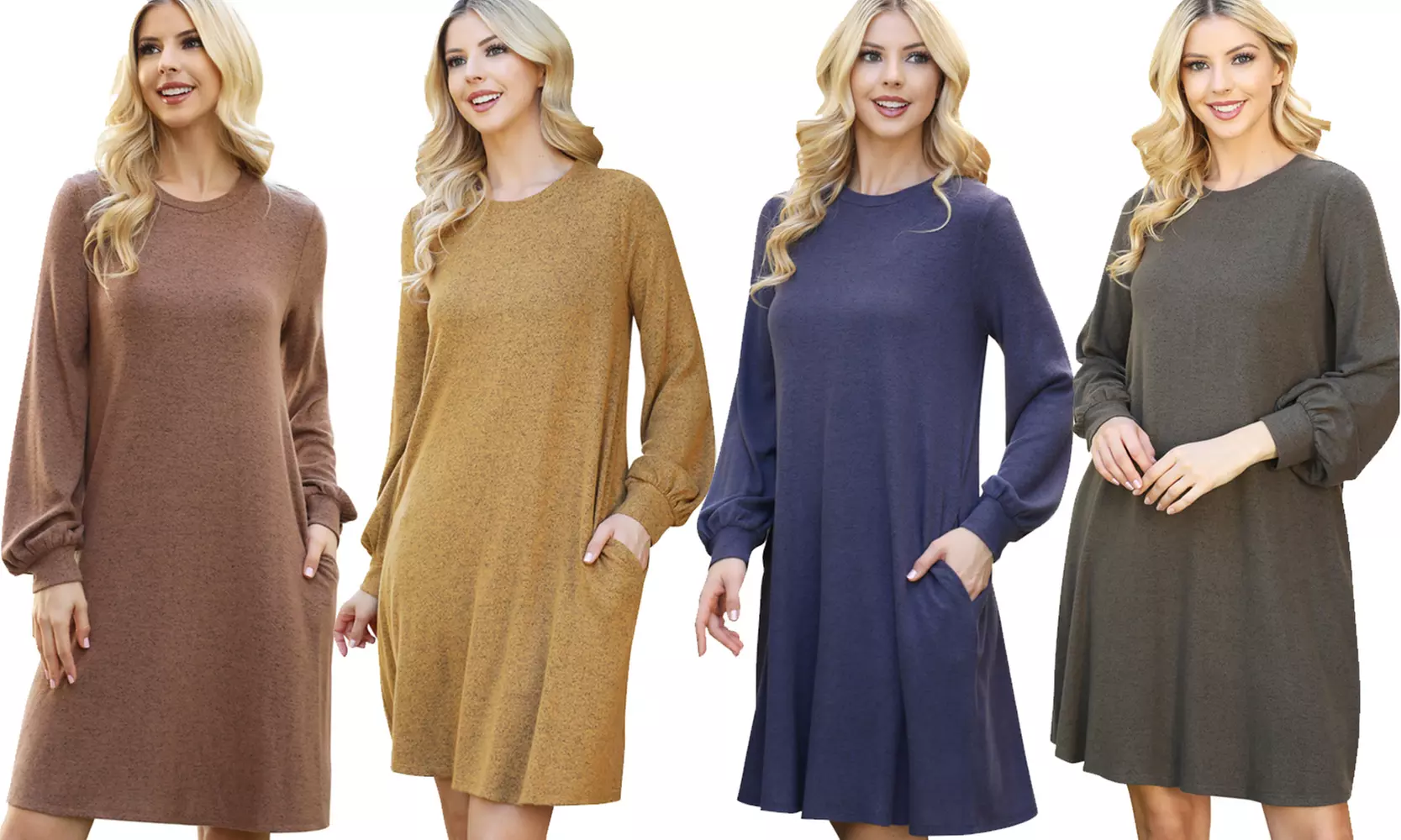 Riah Fashion Puff Long Sleeve Hacci Brushed Dress - Primary Image