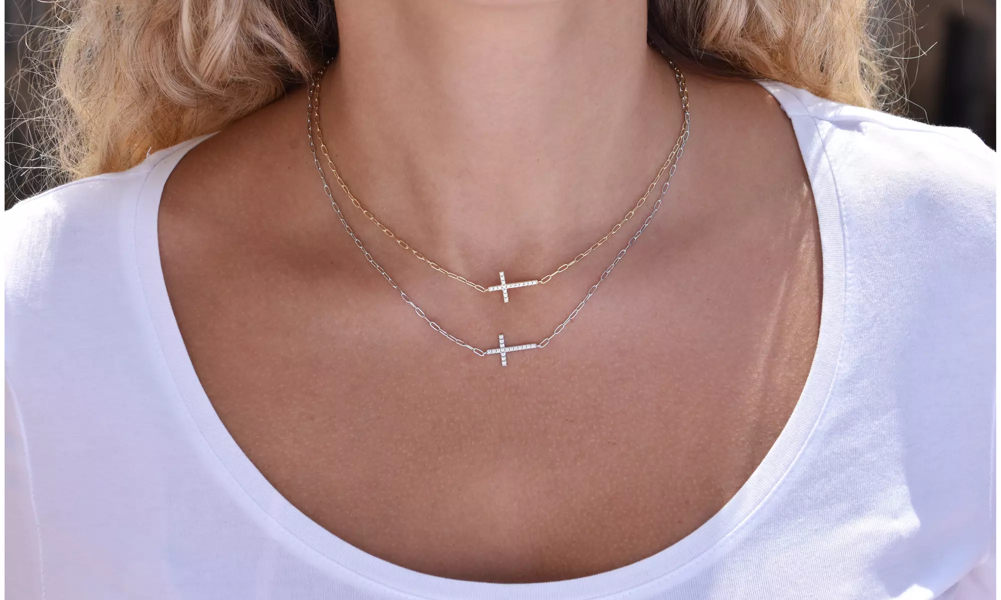 Sterling Silver Dainty Paperclip Sideways Cross Necklace - Primary Image