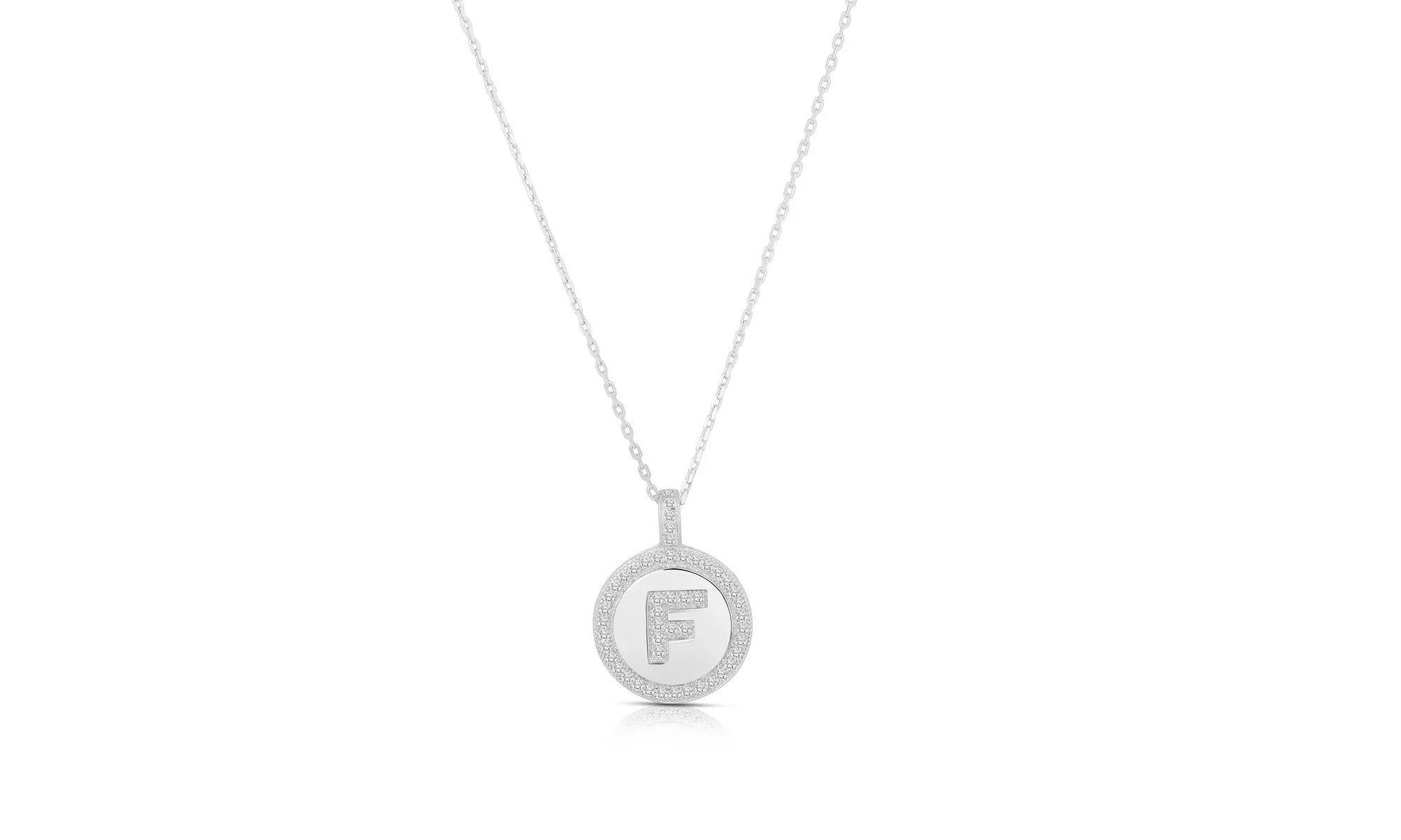 Sterling Silver Crystal Round Disc Initial Pendant Necklace