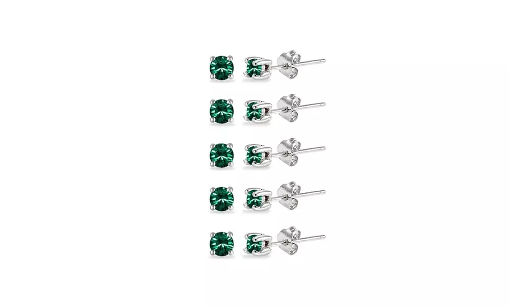 5-Pair Set Green 3mm Round 925 Silver Stud Earrings Made with European Crystals - Primary Image