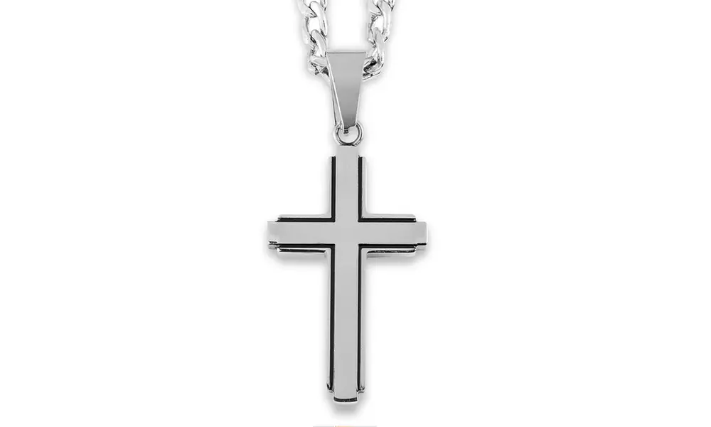 Men's Stainless Steel Black Inlay Cut-out Cross Pendant