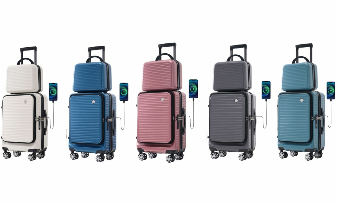 Lightweight 2pc Hardside Set with Carryon Front Pocket & USB Port