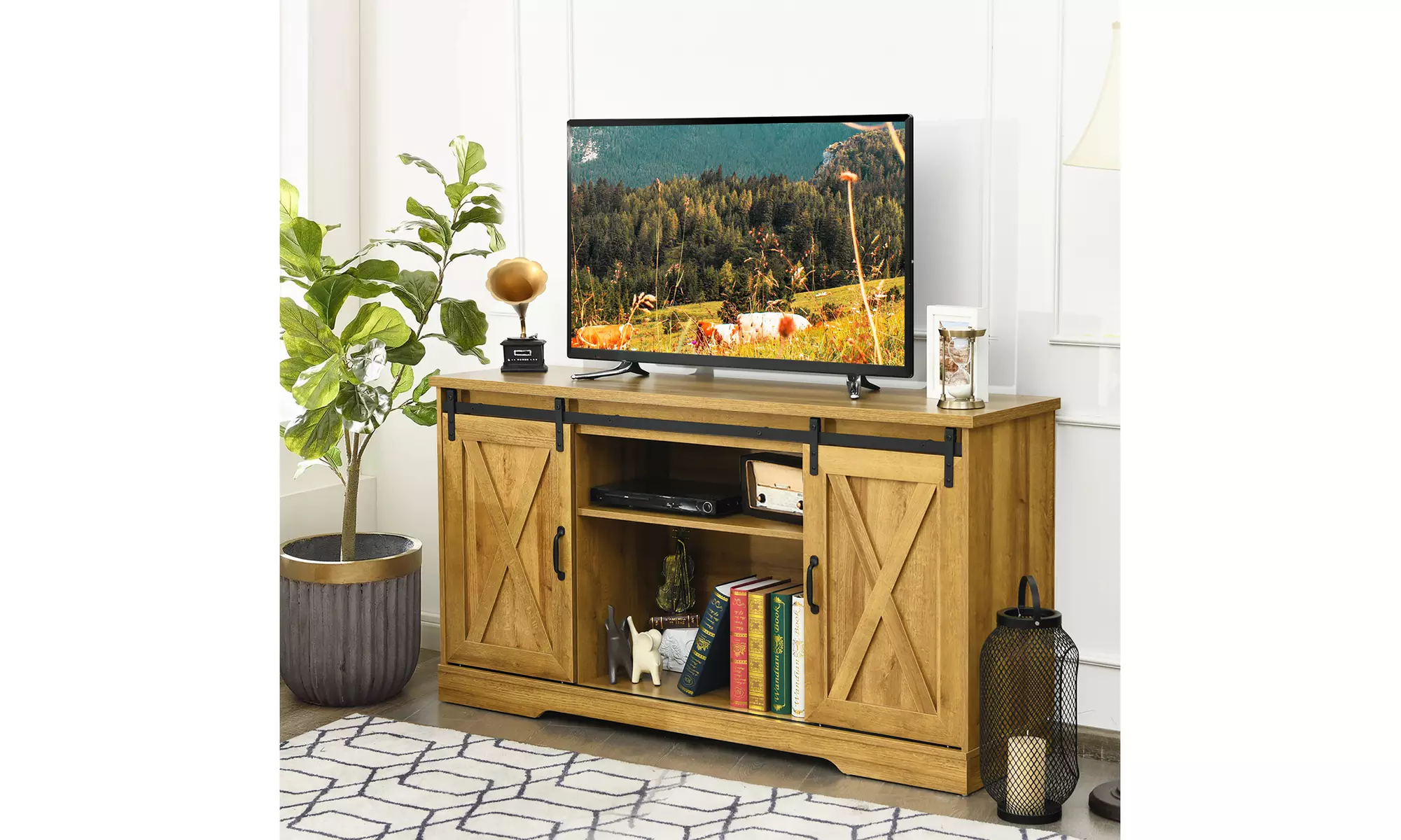 Costway 59'' Farmhouse TV Stand Sliding Barn Door Cabinet w/ Adjustable Shelf