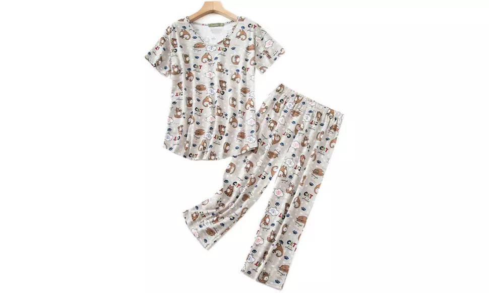 Women Summer Fun Prints Pajama Set Tops Capri Pants Casual Sleepwear