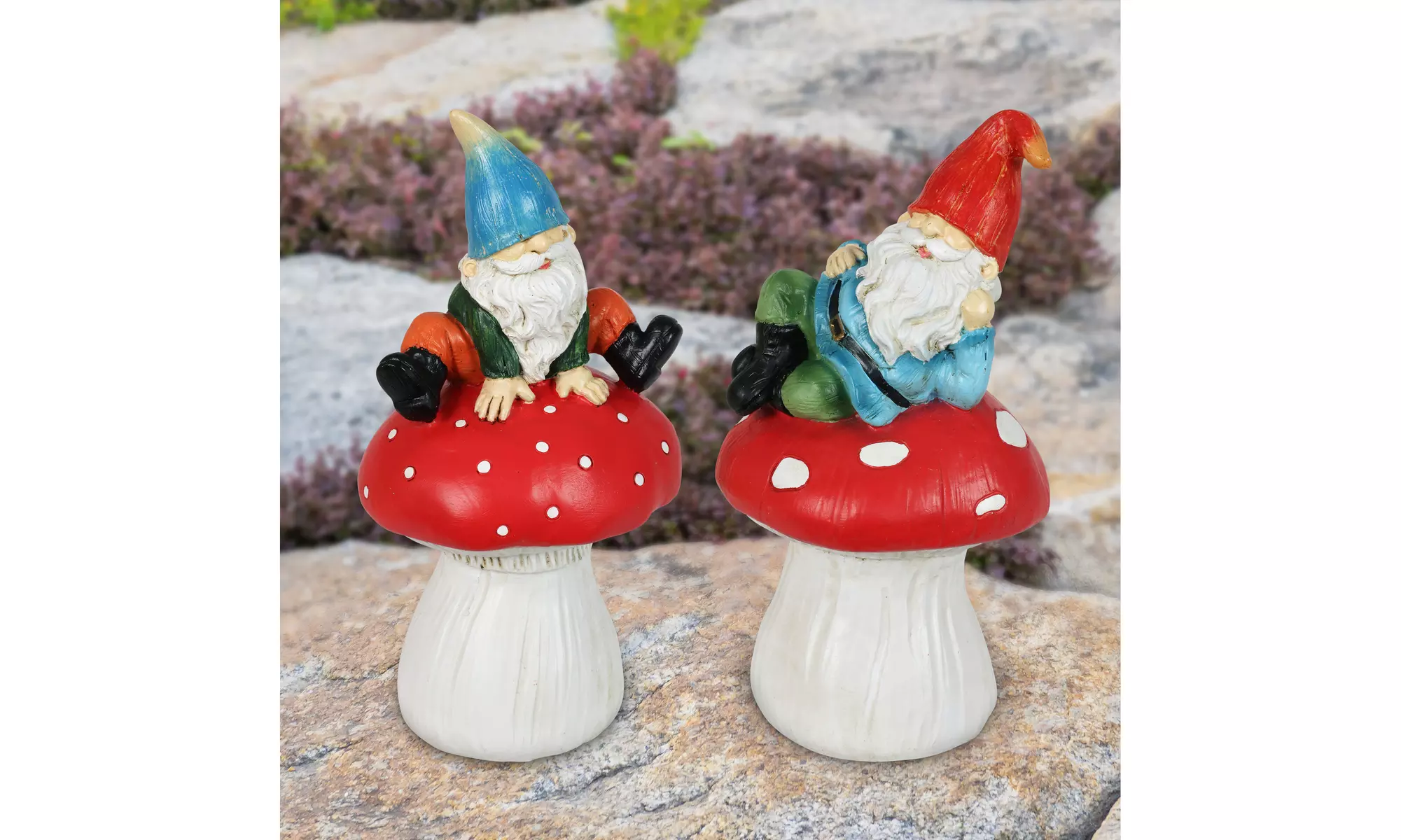 Exhart Set of 2 Garden Gnomes on Mushrooms Statuary, 7 Inch - Primary Image
