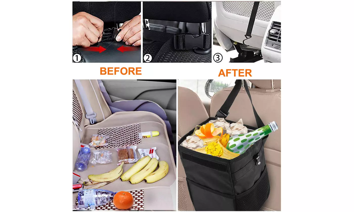 Leak-Proof Hanging Car Trash Can Garbage Can with Lid and Storage Pockets