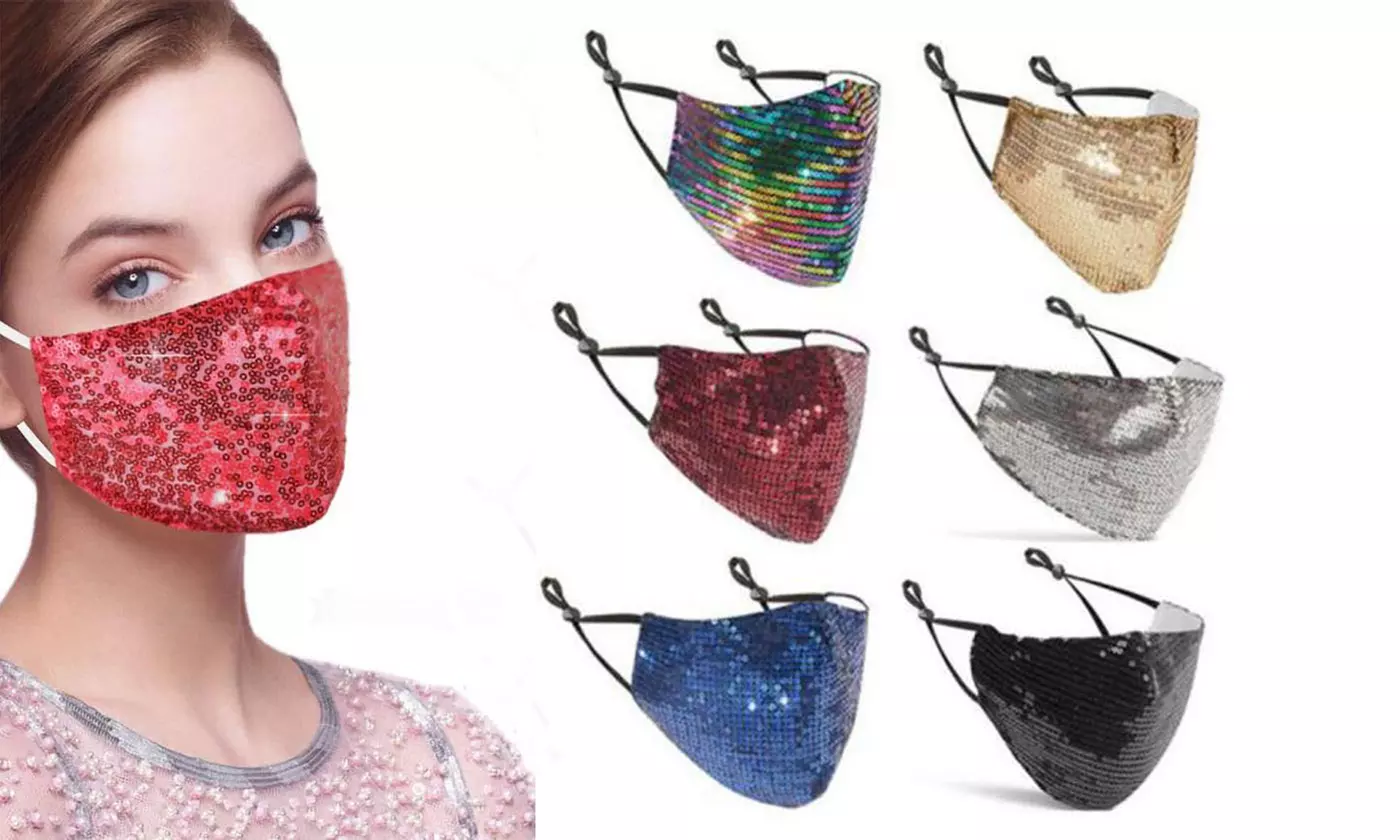 6 Pack : Sequined Cotton Fashion Face Masks With Adjustable Ear Loops - Primary Image